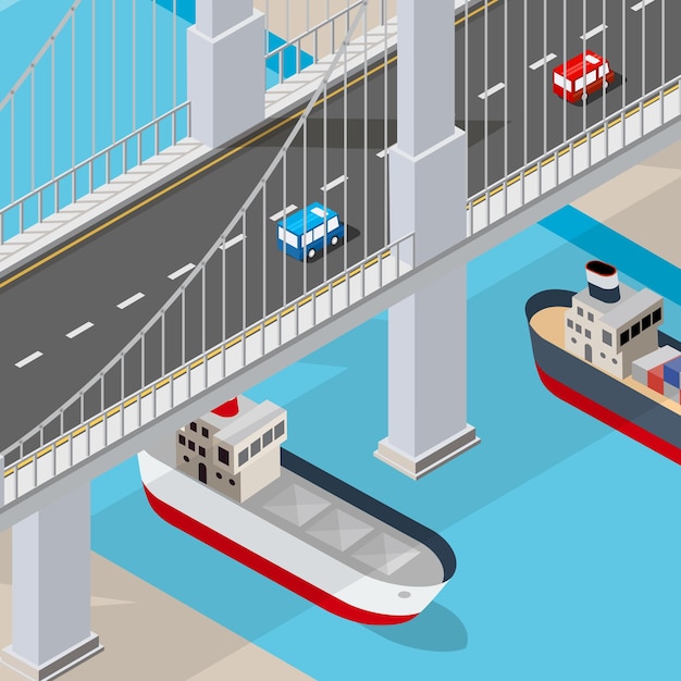 Vecteur illustration de style de vie de la vie urbaine image isométrique de la rivière avec un remblai de pont et un navire