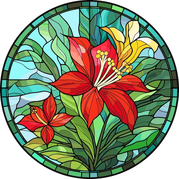 Illustration en style vitrail avec des fleurs abstraites, des feuilles et des boucles d'image ronde Illustration vectorielle