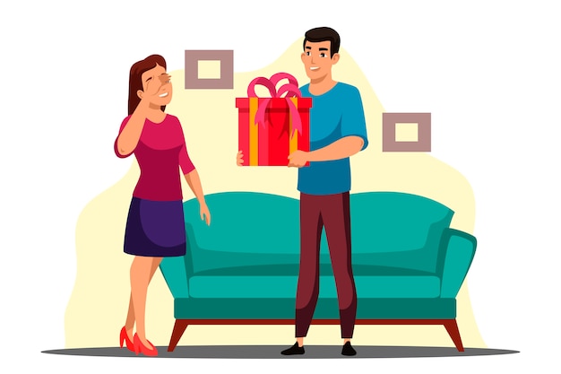 Illustration De La Surprise Donne Une Scène De Cadeau Avec Un Gars Et Une Fille