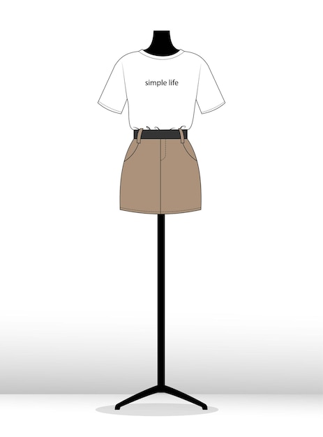 Illustration T-shirt Et Jupe Sur Un Modèle De Croquis Plat De Mode Mannequin
