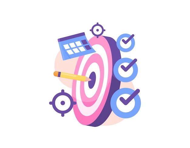 illustration d'un tableau de flèches avec un calendrier de liste de contrôle et un symbole de cible ou un concept de cible quotidienne
