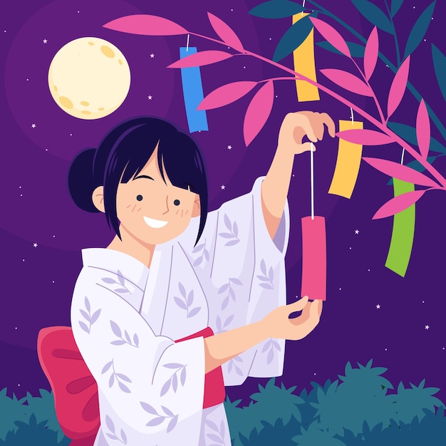 Vecteur illustration de tanabata plat avec femme ornements suspendus