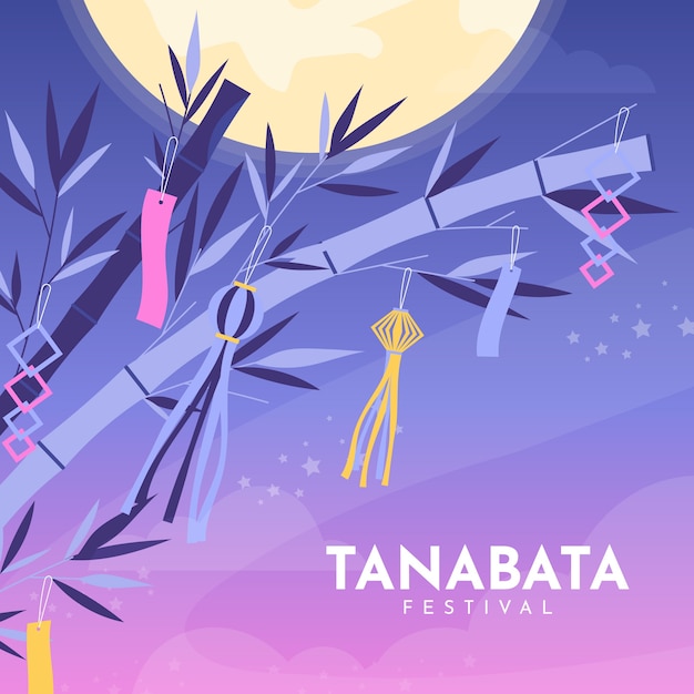 Vecteur illustration de tanabata plat avec des ornements sur le bambou