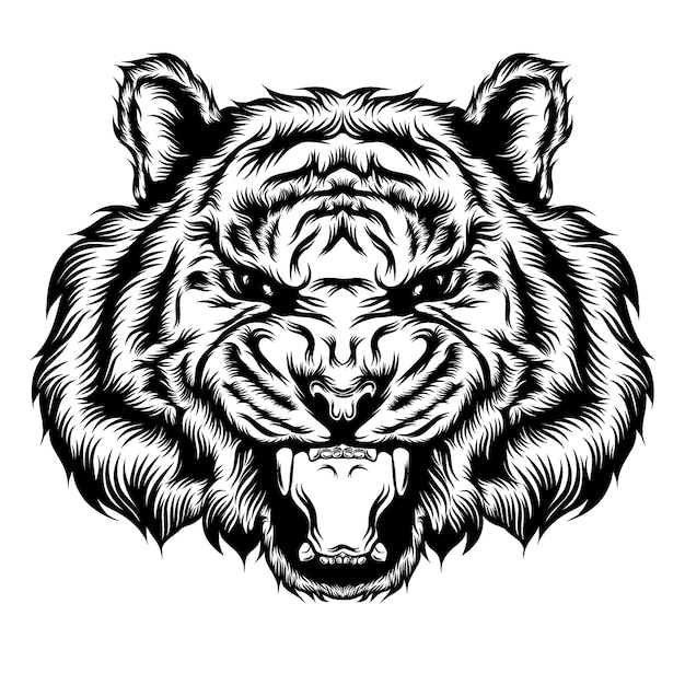 L'illustration De Tatouage De La Tête Unique De Tigre Et Ouvre La Bouche