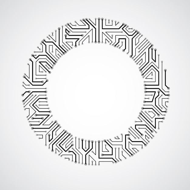 Illustration de technologie abstraite vectorielle avec circuit imprimé monochrome rond. Schéma numérique circulaire de haute technologie d'un appareil électronique.