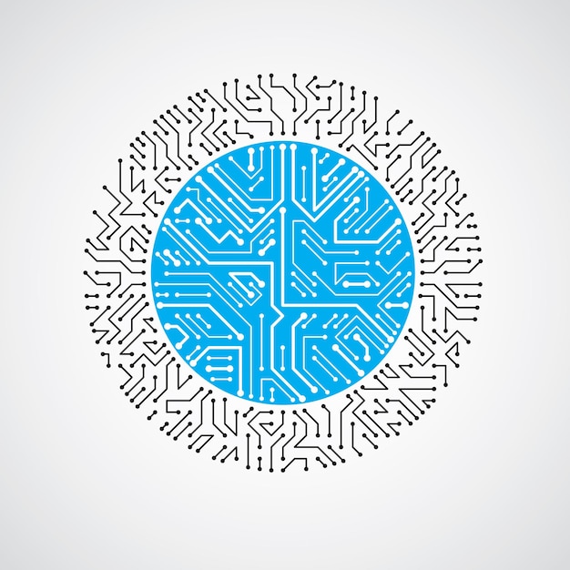 Illustration de technologie colorée abstraite de vecteur avec circuit imprimé bleu rond. Schéma numérique circulaire de haute technologie d'un appareil électronique.