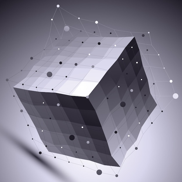 Vecteur illustration technologique abstraite vectorielle 3d, arrière-plan géométrique inhabituel en perspective avec cadre métallique. arrière-plan sombre contrasté avec cube ondulé et lignes et points connectés.