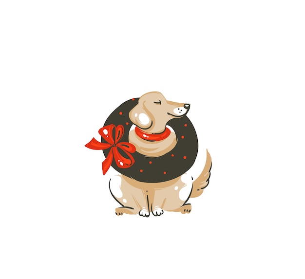 Illustration de temps joyeux Noël amusant avec chien heureux mammifère, couronne de gui et arc rouge isolé sur fond blanc