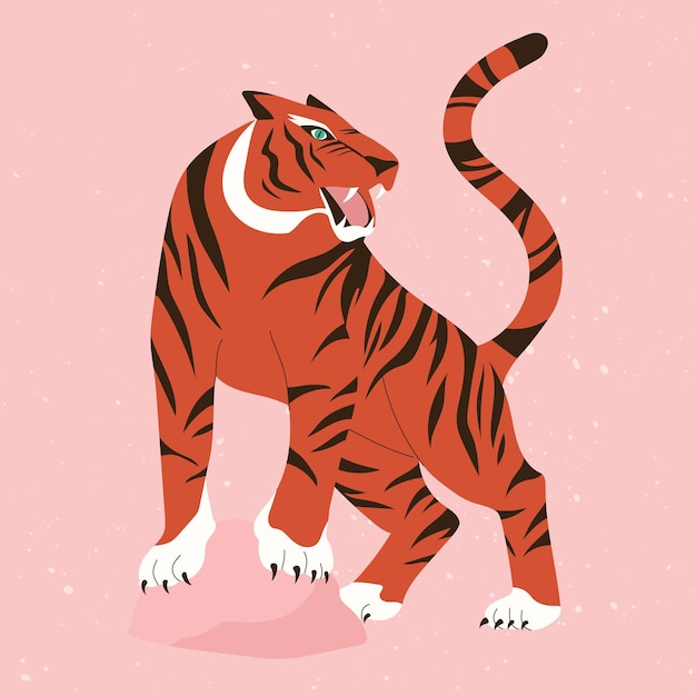 Vecteur illustration tendance avec tigre coloré dans un style asiatique. impression de carte de voeux animale moderne. tigre de chasse abstrait. signe chinois de l'année 2022. carte du nouvel an japonais année du tigre 2022.