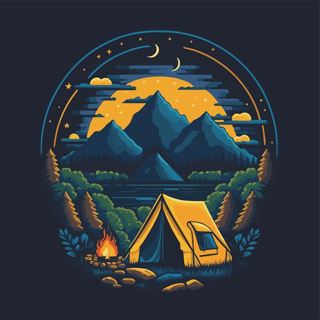 Illustration de tente de camping avec forêt de montagnes pour emblème d'affiche de badges de logo