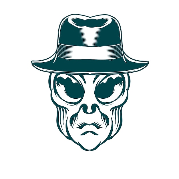 Illustration de la tête d'Alien avec un chapeau vintage pour l'élément de vecteur de conception d'insigne de logo