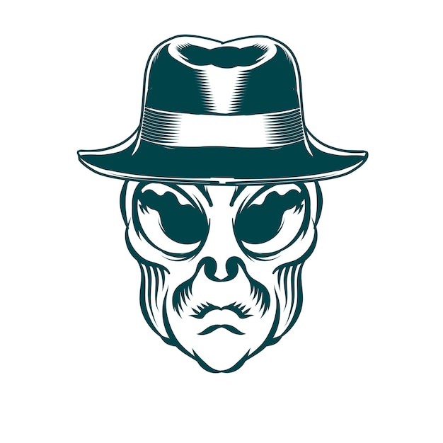 Vecteur illustration de la tête d'alien avec un chapeau vintage pour l'élément de vecteur de conception d'insigne de logo