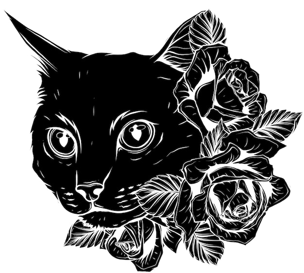 Vecteur illustration d'une tête de chat avec des roses