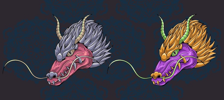 Vecteur illustration de tête de dragon de créature mythologique traditionnelle