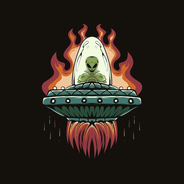 Illustration D'une Tête Extraterrestre Et D'un Ovni Avec Du Feu Pour La Conception Et L'impression De T-shirts