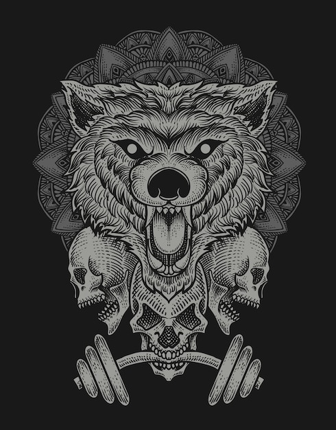 Illustration tête de loup baddas avec crâne