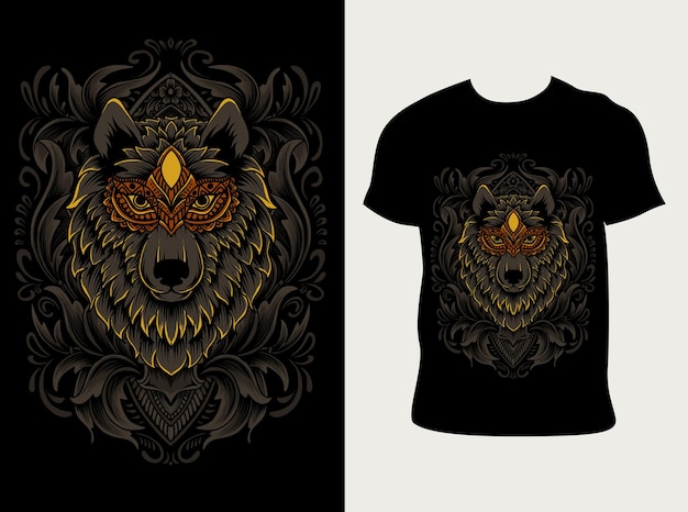 Illustration Tête De Loup Avec Ornement De Gravure Avec Conception De T-shirt