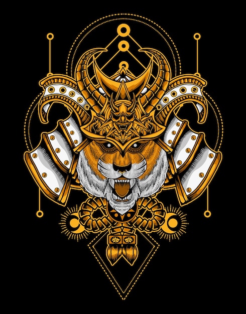 Illustration Tête De Samouraï Tigre Avec Géométrie Sacrée