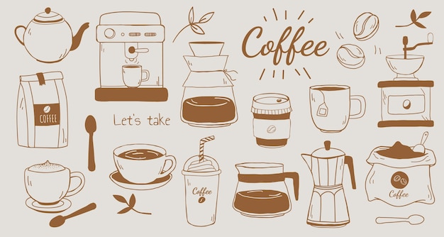 Illustration sur le thème du café avec des tasses de café, des grains de café et des cafetières. Profitez du café avec divers outils de café et objets liés au café. Set vectoriel d'illustrations Doodle