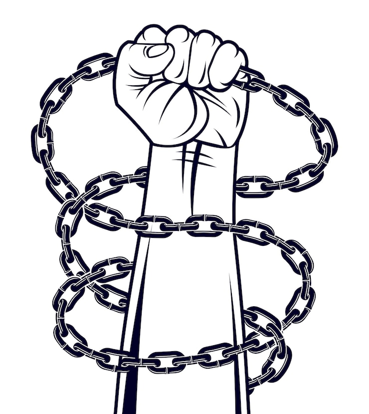 Vecteur illustration sur le thème de l'esclavage avec une main forte, un poing serré luttant pour la liberté contre le vecteur de la chaîne, logo ou tatouage, lutte libre pour la liberté.