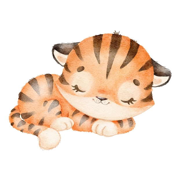 Illustration d'un tigre de dessin animé mignon endormi Petits animaux aquarelles mignons