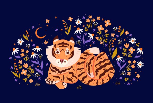 Illustration De Tigre Et De Fleurs