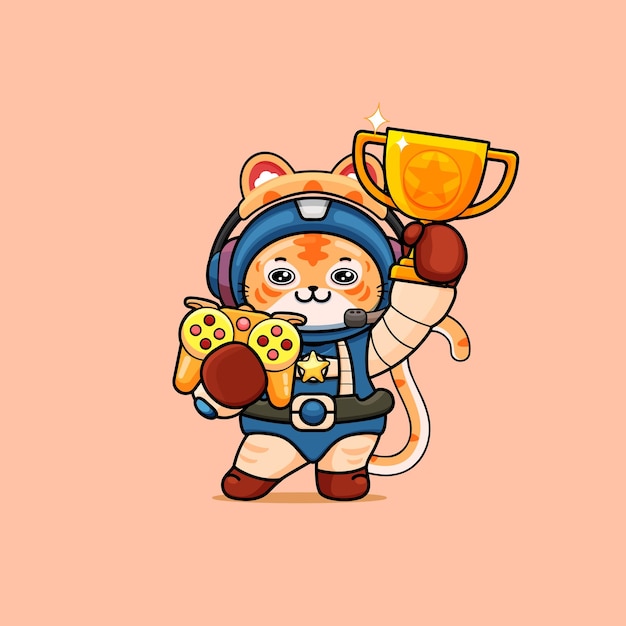 Illustration D'un Tigre Mignon Avec Un Casque Tenant Un Contrôleur De Jeu Et Une Coupe Du Trophée D'or