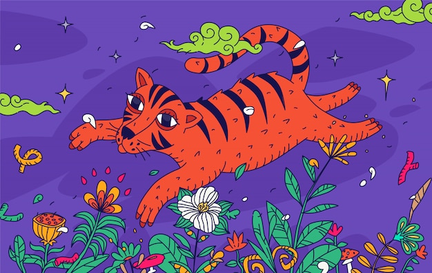 Illustration d'un tigre survolant un champ de fleurs