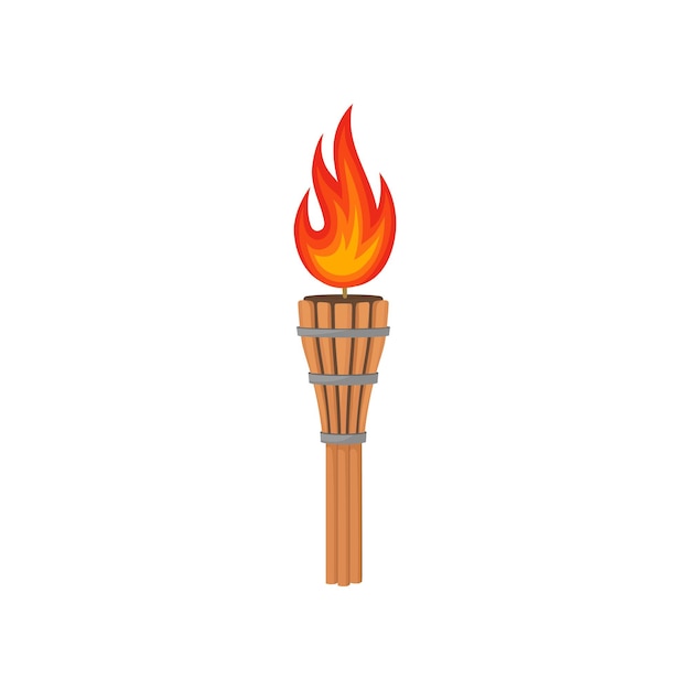 Vecteur illustration d'une torche en bambou brun avec une flamme brûlante élément graphique décoratif affiche ou affiche d'une fête de plage icône de style dessin animé conception vectorielle plate colorée isolée sur fond blanc
