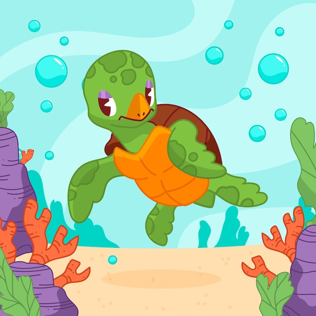 Illustration de tortue de mer dessin animé dessiné à la main