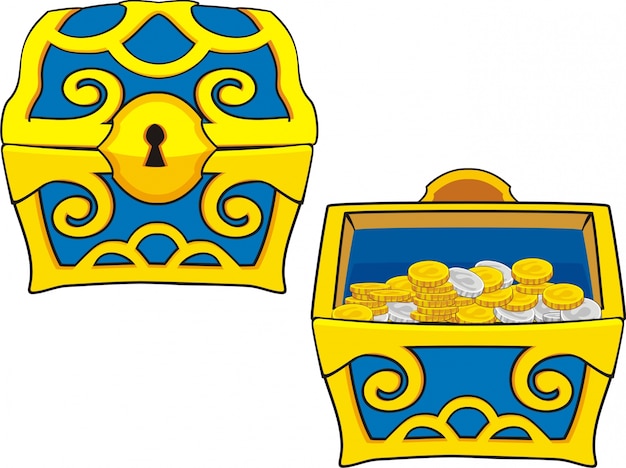 Vecteur illustration de traesure coffre pour interface de jeu, fermé et ouvert avec des pièces de monnaie