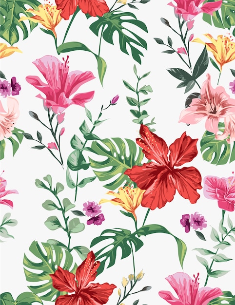 illustration transparente de fleurs exotiques colorées, motif de fleurs d & # 39; hibiscus