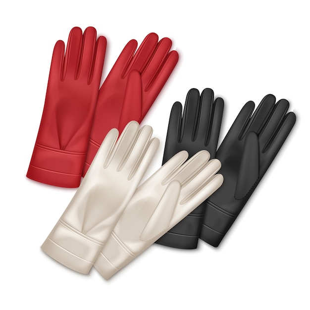Vecteur illustration de trois paires de gants en cuir femmes différentes couleurs isolés sur fond blanc