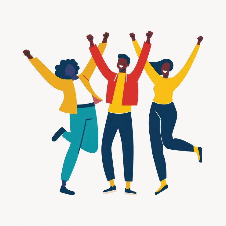 Vecteur illustration de trois personnes diverses sautant joyeusement un groupe diversifié fête