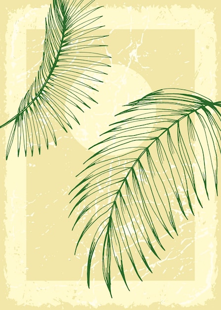 Illustration Tropicale D'art Mural Botanique Dessin Au Trait De Feuillage Avec Une Forme Rétro Et Abstraite Conception D'art Végétal Grunge Pour Papier Peint De Couverture D'impression Art Mural Minimal Et Naturel