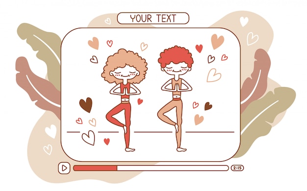 Vecteur illustration d'un tutoriel vidéo en ligne avec des gens mignons dans une pose d'arbre entouré de coeurs. couple d'amoureux faisant du yoga. cours de yoga en ligne.
