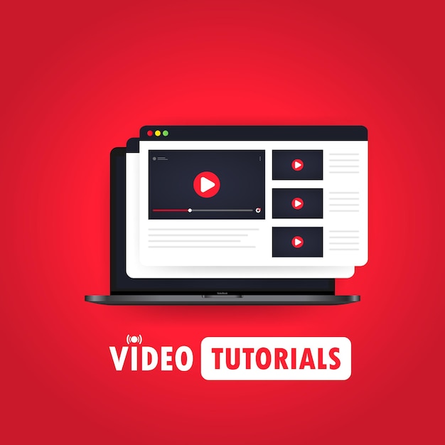 Illustration de tutoriels vidéo. Regarder une vidéo en streaming, un webinaire, une formation en ligne sur un ordinateur portable. Vecteur sur fond isolé. EPS 10.
