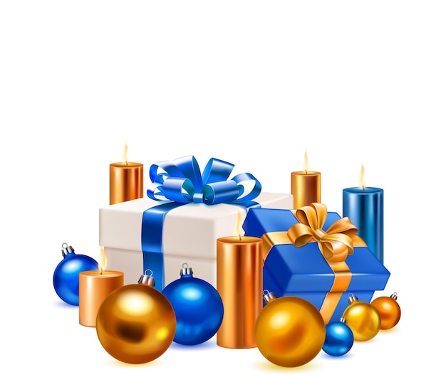 Illustration de vacances avec deux boîtes à cadeaux colorées avec des rubans et des arcs, plusieurs bougies allumées et des boules de Noël sur fond blanc