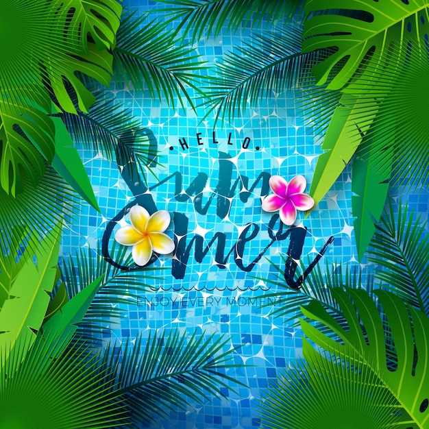 Vecteur illustration de vacances d'été avec de l'eau dans le fond de la piscine carrelée et flower hello summer design