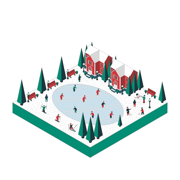Illustration Des Vacances D'hiver. Les Résidents Locaux Patinent, Skient, Jouent Aux Boules De Neige.