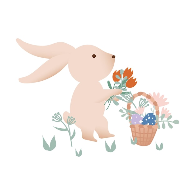 Vecteur illustration de vacances le lapin de pâques avec un bouquet de fleurs et un panier d'œufs illustration rétro
