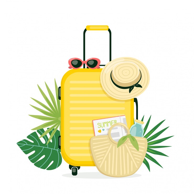 Vecteur illustration avec une valise jaune, un chapeau de plage et un sac à main. bagages pour les vacances. concept de voyage d'été