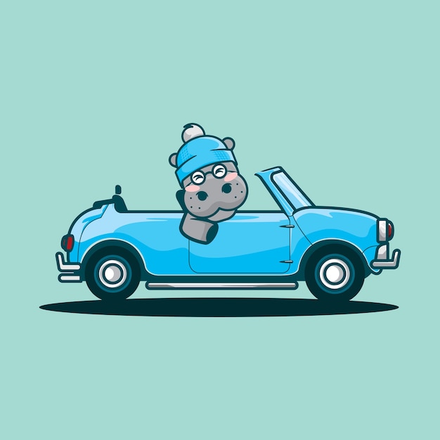 L'illustration De Vecteur De Dessin Animé De Voiture De Conduite Hippopotame Le Plus Mignon