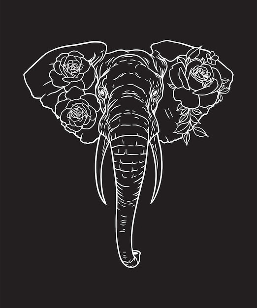 Vecteur une illustration de vecteur noir et blanc d'une tête d'éléphant floral sur fond noir