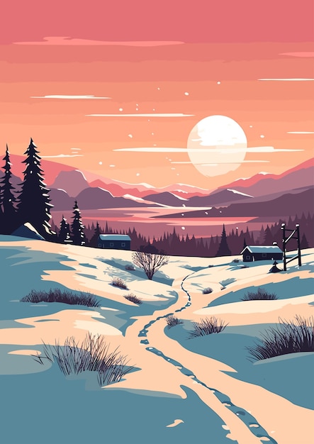 Vecteur illustration de vecteur plat coloré dessin animé paysage d'hiver