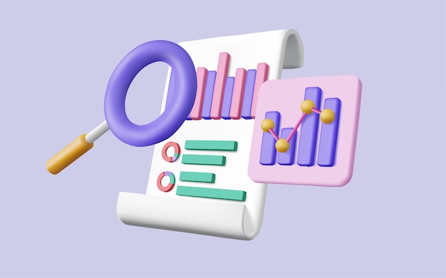 Illustration vectorielle 3D de la liste de contrôle Clipboard avec grossissement et tableau de bord et tableau de compte d'affaires Audit financier de l'entreprise Rapport de recherche financière Optimisation SEO Concept d'analyse de données