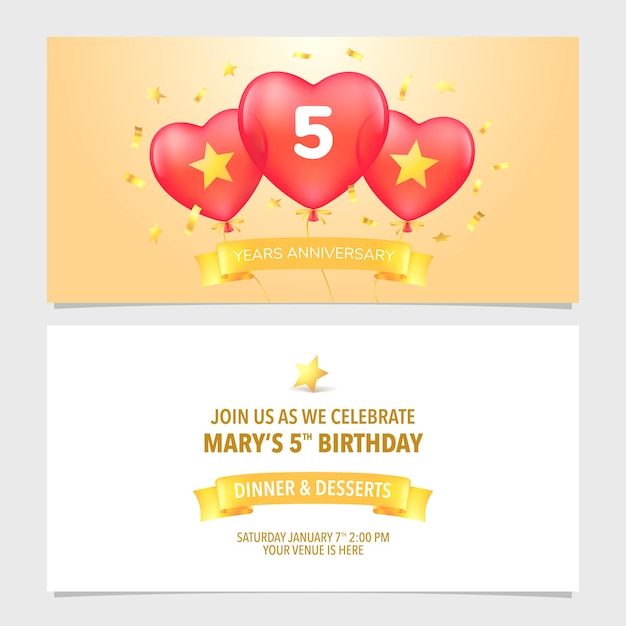 Illustration Vectorielle De 5 Ans Anniversaire Invitation. élément De Modèle De Conception Avec Un Arrière-plan Romantique élégant Pour Le 5ème Mariage, Carte De Mariage Ou D'anniversaire, Invitation à Une Fête