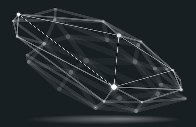 Illustration vectorielle abstraite en forme de maillage 3D, points connectés avec un objet polygonal de technologie de lignes, réseau dynamique de technologie et de science, avec effet de profondeur de champ réaliste.