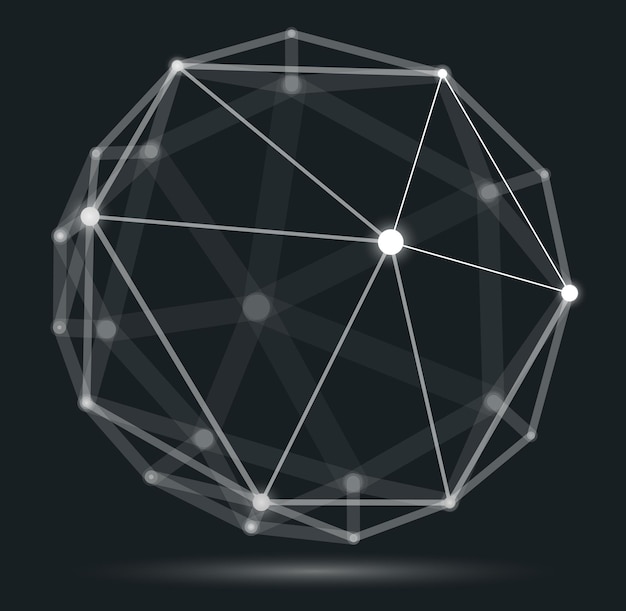 Illustration vectorielle abstraite de sphère de maillage 3D, points connectés à l'objet polygonal de technologie de lignes, réseau dynamique de technologie et de science, avec effet de profondeur de champ réaliste.