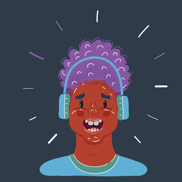 Illustration vectorielle d'un adolescent afro-américain avec des écouteurs sur un fond sombre